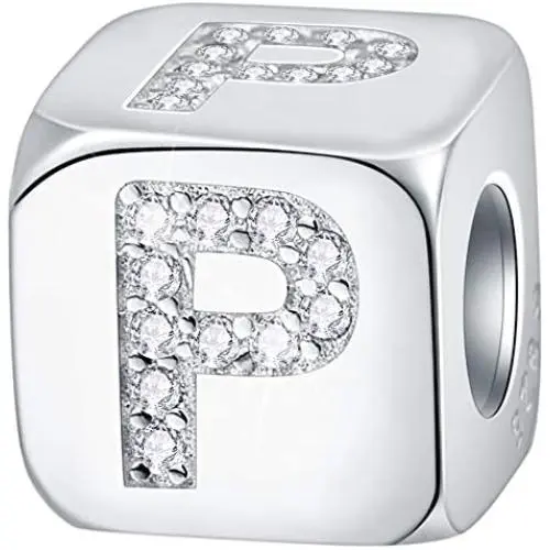 EMOSTAR Dice-Shaped 26 Block Letters Charms Initial A-Z Alphabet Beads, 925 Sterling Silver Square Cube Charms with CZ fits European Women Bracelet, Gifts for Birthday/Christmas/Mom/Lover