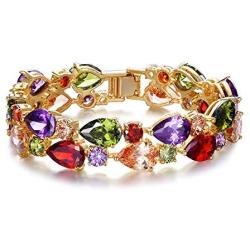 EVER FAITH Prong Cubic Zirconia Birthstone Elegant Dual Layer Tear Drop Bridal Wedding Tennis Bracelet Gold-Tone