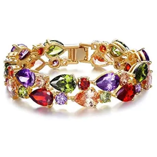 EVER FAITH Prong Cubic Zirconia Birthstone Elegant Dual Layer Tear Drop Bridal Wedding Tennis Bracelet Gold-Tone