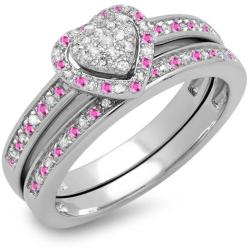 Dazzlingrock Collection Round Pink Sapphire & White Diamond Ladies Heart Shaped Bridal Engagement Ring Set, Sterling Silver