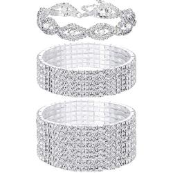 FIBO STEEL 3 PCS Rhinestone Stretch Bracelets for Women Bridal Sparkly Wedding Strand Tennis Bracelet Set Silver-Tone