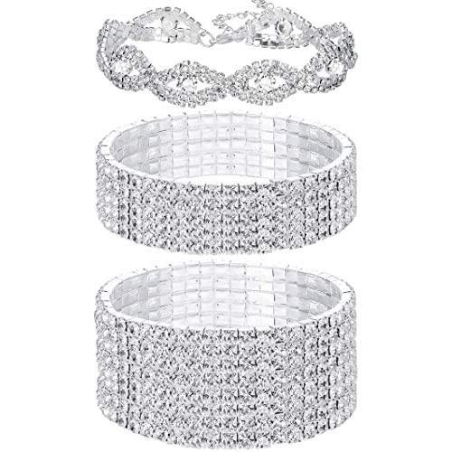 FIBO STEEL 3 PCS Rhinestone Stretch Bracelets for Women Bridal Sparkly Wedding Strand Tennis Bracelet Set Silver-Tone