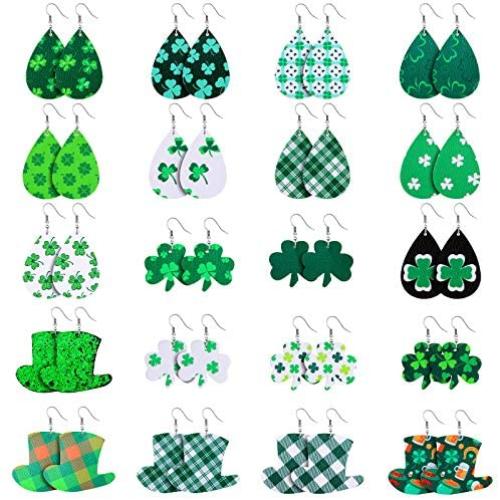 20 Pairs St Patricks Day Earrings Faux Leather Clover Earrings Lightweight Teardrop Earrings for Women