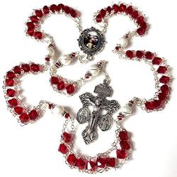 elegantmedical Ladder to Heaven Red Crystal & AAA10MM Pearl Beads Catholic Holy Family Rosary Cross crucifix Necklace gift