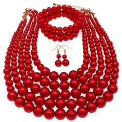 JNF Multi Layer Pearl Strand Costume Jewelry Sets Pearl Statement Necklace Bracelet and Earrings for Women