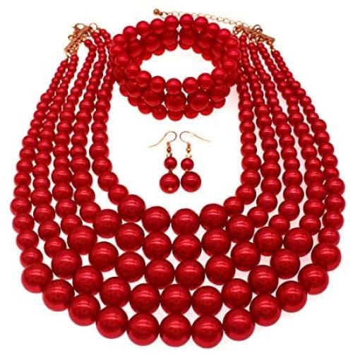 JNF Multi Layer Pearl Strand Costume Jewelry Sets Pearl Statement Necklace Bracelet and Earrings for Women