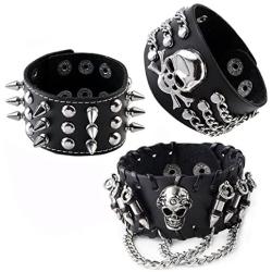 JOVIVI 3pcs Spike Studded Rivets Punk Rock Biker Wide Strap Genuine Leather Bracelets Necklace Chain Wristband Adjustable