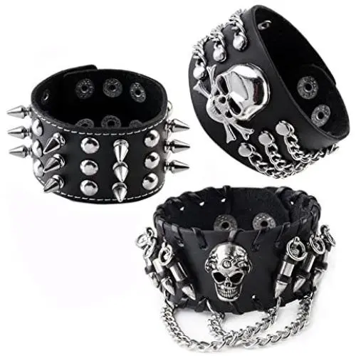 JOVIVI 3pcs Spike Studded Rivets Punk Rock Biker Wide Strap Genuine Leather Bracelets Necklace Chain Wristband Adjustable JOVIVI 3pcs Spike Studded Rivets Punk Rock Biker Wide Strap Genuine Leather Bracelets Necklace Chain Wristband Adjustable