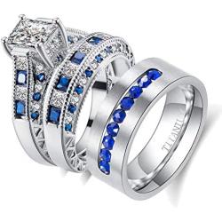 wedding ring set Two Rings His Hers Couples Matching Rings Womens 2pc White Gold Filled Blue CZ Wedding Engagement Ring Bridal Sets Mens Titanium Wedding Band