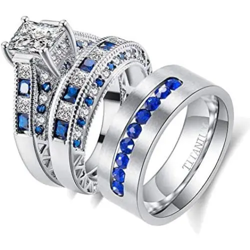 wedding ring set Two Rings His Hers Couples Matching Rings Womens 2pc White Gold Filled Blue CZ Wedding Engagement Ring Bridal Sets Mens Titanium Wedding Band wedding ring set Two Rings His Hers Couples Matching Rings Womens 2pc White Gold Filled Blue CZ Wedding Engagement Ring Bridal Sets Mens Titanium Wedding Band