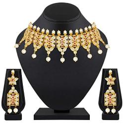Aheli Beautiful Wedding Wear Indian Laxmi Goddess Faux Stone Studded Floral Design Crafted Necklace Earrings Set Ethnic Fashion Jewelry for Women