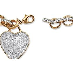 18K Yellow Gold Plated Genuine Diamond Accent Heart Charm Link Bracelet (27mm), Lobster Claw Clasp, 7.75 inch Adjustable