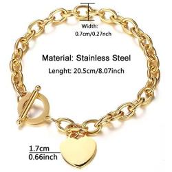 WangGao Elegent Love Stainless Steel Link Chain Blank Heart Charms Bracelet for Women 8.25 Length Toggle Clasp Closure …