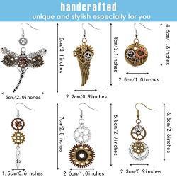 6 Pieces Steampunk Earrings Vintage Clockwork Earrings Clock Gear Earrings Antique Mix-tone Drop Earrings, 6 Styles