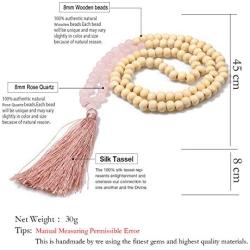 BALIBALI 8MM Semi-Precious Gem Stones Wood Mala Bead Necklace Multicolor Tassel Charms Chain Necklace Handmade Beaded Pendant Necklace for Women Men