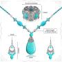 Hicarer 3 Pieces Bohemian Turquoise Set Turquoise Pendant Necklace, Vintage Turquoise Dangle Earrings, Stretchable Turquoise Bracelet for Women Statement Boho Jewelry Set