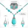 Hicarer 3 Pieces Bohemian Turquoise Set Turquoise Pendant Necklace, Vintage Turquoise Dangle Earrings, Stretchable Turquoise Bracelet for Women Statement Boho Jewelry Set