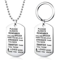 Florideco 2Pcs Stainless Steel Tag Necklace Military Keychain for Men Army Dog Tags Pendant Inspirational Words Jewelry Beads Ball Chain Necklace Silver Tone