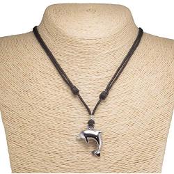 BlueRica Dolphin Pendant on Adjustable Black Rope Cord Necklace (Chrome Finish)