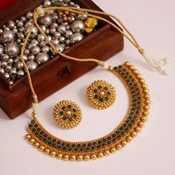 SANARA Indian Bollywood Ethnic Gold Plated Choker Style Green Necklace Set for Partywear Women and Girls Wedding Polki Jewelry