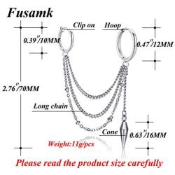 Fusamk Hip Hop Stainless Steel Tube Circle Clip On Hoop Earrings Tassel Chain Dangle Earrings,2PCS