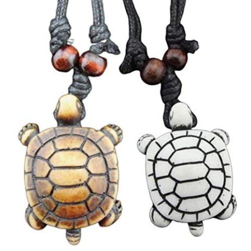 Vintage Sea Turtle Necklace Pendant Tortoise Engraved Bone Leather Wax Rope Necklace for Women Unisex 2Pcs/set
