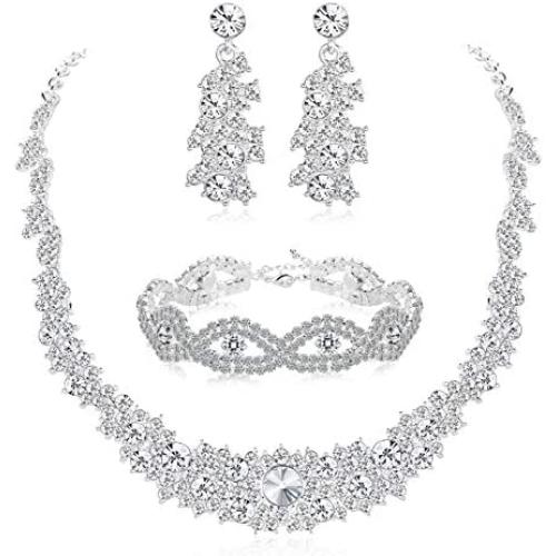Udalyn Crystal Bridal Jewelry Set for Women Rhinestone Necklace Earrings Bracelet Wedding Bridesmaid Jewelry Set