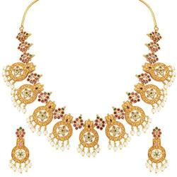 Aheli Beautiful Wedding Wear Indian Laxmi Goddess Faux Stone Studded Floral Design Crafted Necklace Earrings Set Ethnic Fashion Jewelry for Women