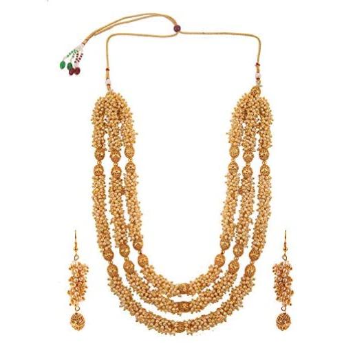 Efulgenz Fashion Indian Bollywood 14 K Gold Plated Faux Pearl Bridal Multi Layered Statement Necklace Earrings Jewelry Set