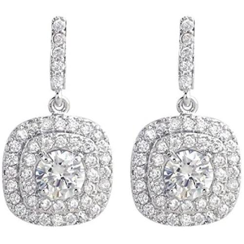 SELOVO Halo Art Deco Bridemaid Vintage Drop Earrings Cubic Zirconia Silver Tone