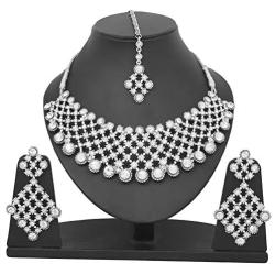 Touchstone Indian Bollywood Intricately Crafted Diamond Look Rhinestone Crystal Colorful Wedding Designer Jewelry Necklace Set in Gold and Silver Tone for Women.