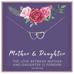 SOLINFOR Mother Daughter Necklace - Sterling Silver Jewelry with Gift Wrapping, Card - Gifts for Mom, Daughter, Birthday, Mothers Day - Two Interlocking Hearts Necklace for Women