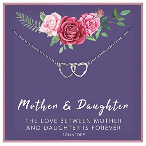 SOLINFOR Mother Daughter Necklace - Sterling Silver Jewelry with Gift Wrapping, Card - Gifts for Mom, Daughter, Birthday, Mothers Day - Two Interlocking Hearts Necklace for Women