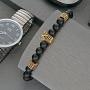 SEVENSTONE 8mm Crown King Charm Bracelet for Men Women Black Matte Onyx Stone Beads, 7.5''