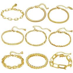 ÌF ME 9 PCS Chain Bracelets Set for Women Adjustable Fashion Paperclip Link Beaded Italian Cuban Chunky Flat Cable Chain Bracelets Jewelry for Women Girls Gift