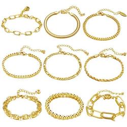 ÌF ME 9 PCS Chain Bracelets Set for Women Adjustable Fashion Paperclip Link Beaded Italian Cuban Chunky Flat Cable Chain Bracelets Jewelry for Women Girls Gift