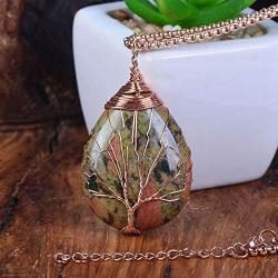 JUST IN STONES Gemstones Healing Crystal Wire Wrapped Copper Tree of Life Teardrop Vintage Style Pendant Necklace