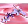 Alilang Silvery Tone Pink Rhinestones Purple Hawaiian Flower Necklace Earrings Set