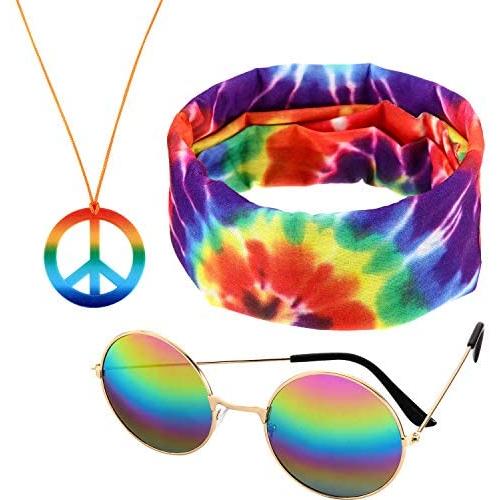 3 Pieces Rainbow Color Hippie Accessories, Including 1 Pair Sunglasses, 1 Peace Sign Necklace and 1 Peace Sign Headscarf (Orange Rope and Colorful Pendant)