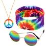 3 Pieces Rainbow Color Hippie Accessories, Including 1 Pair Sunglasses, 1 Peace Sign Necklace and 1 Peace Sign Headscarf (Orange Rope and Colorful Pendant)