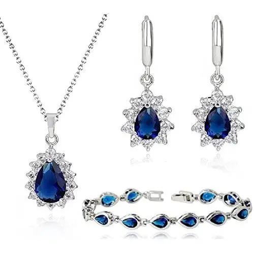 Crystalline Azuria Teardrops 18 ct Gold Plated Blue Simulated Sapphire Zirconia Crystals Set Necklace Earrings Bracelet Crystalline Azuria Teardrops 18 ct Gold Plated Blue Simulated Sapphire Zirconia Crystals Set Necklace Earrings Bracelet