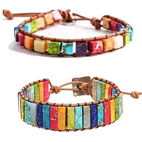 YGLINE Boho Leather Wrap Bead Bracelets for Women Girls Handmade Chakra Imperial Jasper Adjustable Healing Bracelet Bangles