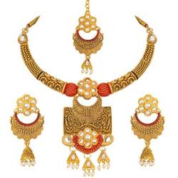 Aheli Antique Matte Finish Traditional Necklace Earrings Set with Maang Tikka Indian Wedding Jewelry for Women
