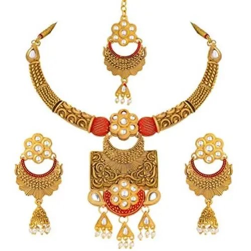 Aheli Antique Matte Finish Traditional Necklace Earrings Set with Maang Tikka Indian Wedding Jewelry for Women Aheli Antique Matte Finish Traditional Necklace Earrings Set with Maang Tikka Indian Wedding Jewelry for Women