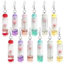 ANDPAI 6 Pairs Handmade Unique Multicolor Dried Flowers Wish Glass Bottle Dangle Drop Earrings Set for Women Girl Party Jewelry Valentines Day Gift