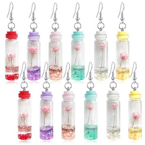 ANDPAI 6 Pairs Handmade Unique Multicolor Dried Flowers Wish Glass Bottle Dangle Drop Earrings Set for Women Girl Party Jewelry Valentines Day Gift