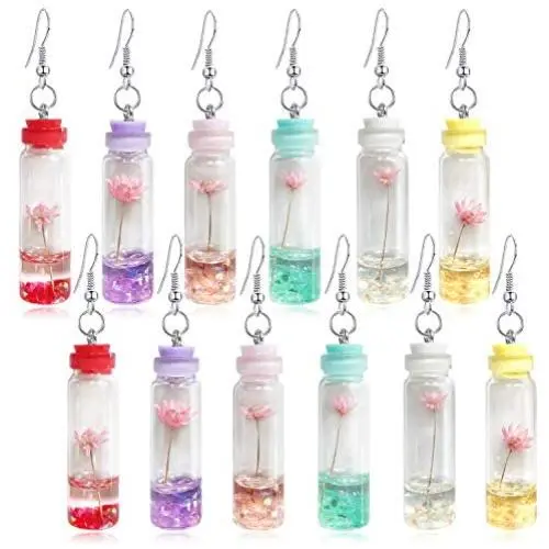 ANDPAI 6 Pairs Handmade Unique Multicolor Dried Flowers Wish Glass Bottle Dangle Drop Earrings Set for Women Girl Party Jewelry Valentines Day Gift