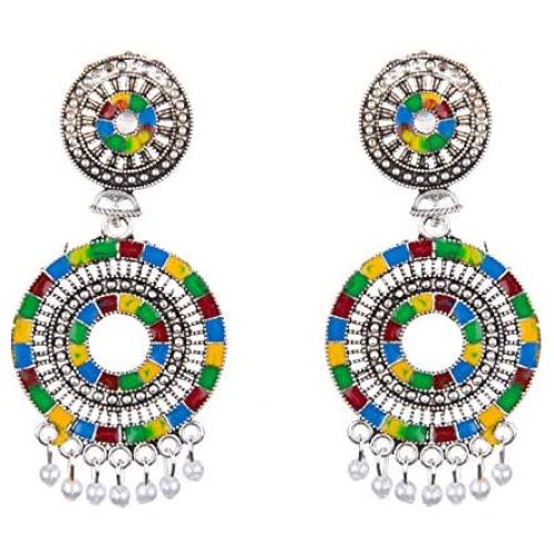 Efulgenz Boho Vintage Antique Gypsy Tribal Indian Oxidized Pearl Drop Enamel Peacock Jhumka Jhumki Earrings Set Jewelry