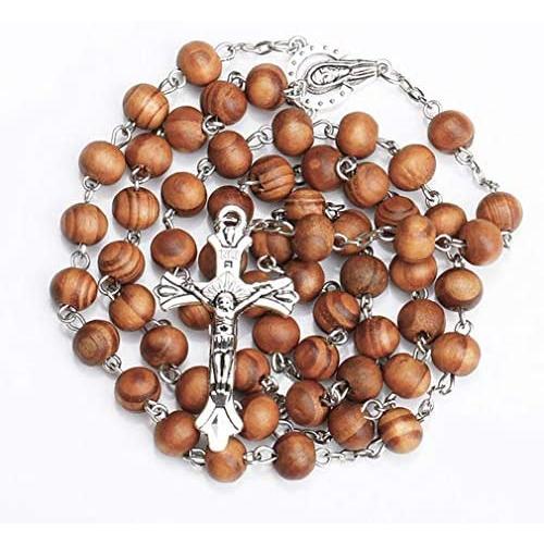 JIAHATE Wooden Cross Necklace for Boys,Mens Catholic Rosary Bead Necklace Intercession Handmade Wood Cross Pendant Necklace Jewelry