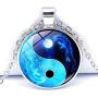 SaiDian 2 Pcs Fashion Yin Yang Necklaces Glass Pendant Dragon Moon Pattern Chakra Pendants Silver Cabochon Glass Necklace Sweater Long Chain